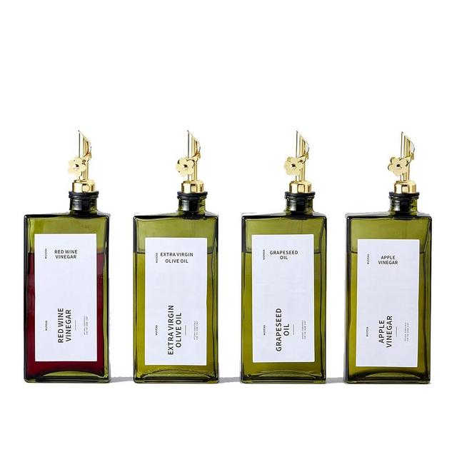 MUVEKA Olive Oil Dispenser Bottle for Kitchen, 16.9oz /500ml Cooking Vinegar Dispenser Bottle Set, Glass Sauce Container, Labels, Brush, Funnel, Stoppers, Green for Oil, Wine