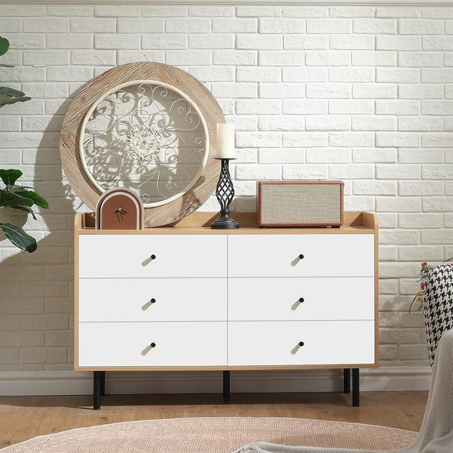 RVNRVN 6 Drawers Dresser for Bedroom, Wood Chest of Drawers TV Stand with Metal Handle, Modern Minimalist Closet Store Organizer for Living Room, Closet, Hallway
