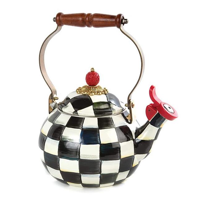 MacKenzie-Childs Courtly Check Enamel Whistling Tea Kettle, Decorative Tea Pot