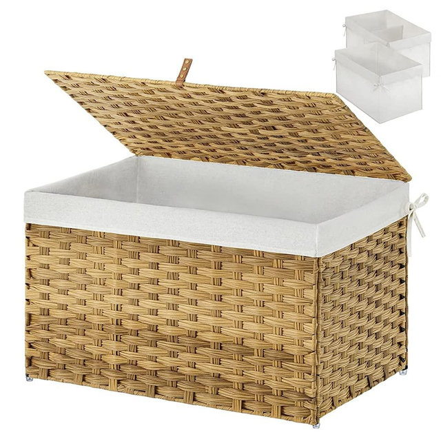 Greenstell Storage Basket with Lid, Handwoven Large Shelf Basket with Cotton Liner and Metal Frame, Foldable & Easy to Install, Storage Box Basket Bin with Handle for Bedroom, Laundry Room Natural 65L