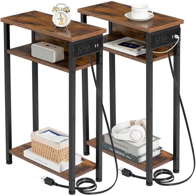 AMHANCIBLE Narrow Side Table Set of 2 with Charging Station, Small End Tables for Small Spaces, 3-Tier Skinny Side Table, Narrow End Table with USB Ports, Small Nightstand Set 2, Rustic Brown HETN03BR
