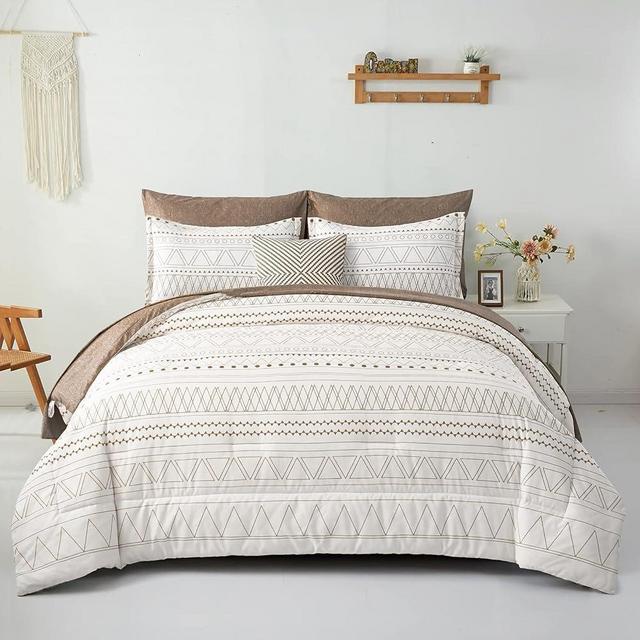 WONGS BEDDING 7 Pieces Brown Comforter Set King Size,Boho Bed in a Bag Geometric Stripe Comforter Reversible Soft Microfiber Bedding Set with Pillowcases & Shams,Flat Sheet,Fitted Sheet