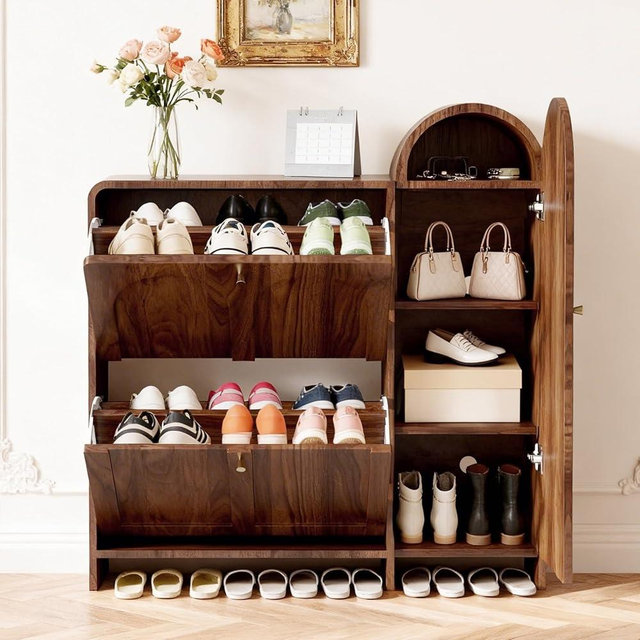 HOJEJV Arched Cabinet with Doors-Shoe Cabinet,Hidden Shoe Rack,Shoe Stand for Entryway Compact Shoe Storage in Walnut Finishes,Mid-Century Style for Entryway
