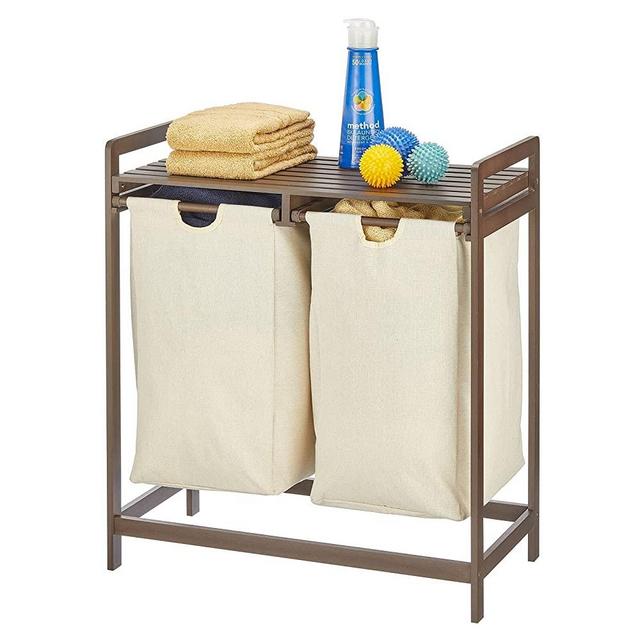 mDesign Large Freestanding Portable Bamboo Double Laundry Basket Hamper Organizer - Easy Carry Removable Storage Sorter Bag with Handle for Folding Clothes, Space Saving Laundry Hamper, Espresso Brown