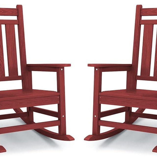 KINGYES Oversized Outdoor Rocking Chair Set of 2, All-Weather Patio Rocking Chairs for Porch, HDPE Outdoor Patio Rockers with High Back & Wide Seat for Garden, Lawn, Red