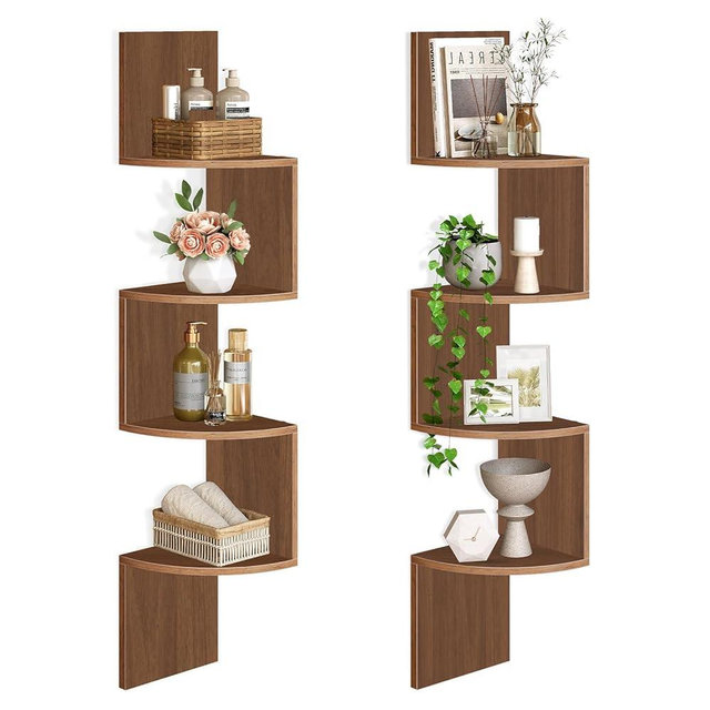 HOOBRO Corner Shelf Wall-Mounted, Set of 2 Floating Corner Shelves for Wall, 4-Tier Corner Bookshelves for Living Room, Bedroom, Bathroom, Home Office, Walnut WL25BJP201