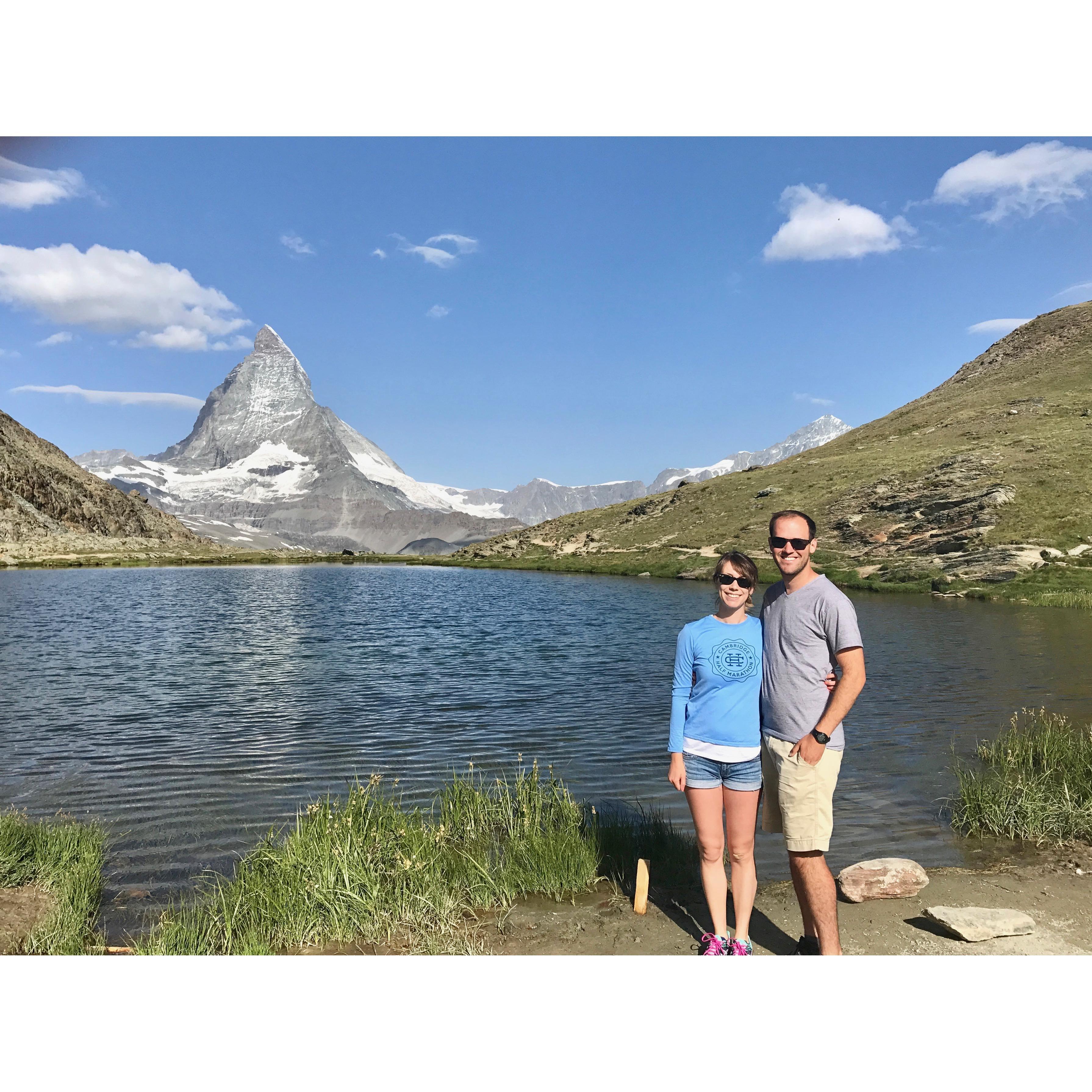Enjoying views of the Matterhorn on our Switzerland trip post-engagement, summer 2017
