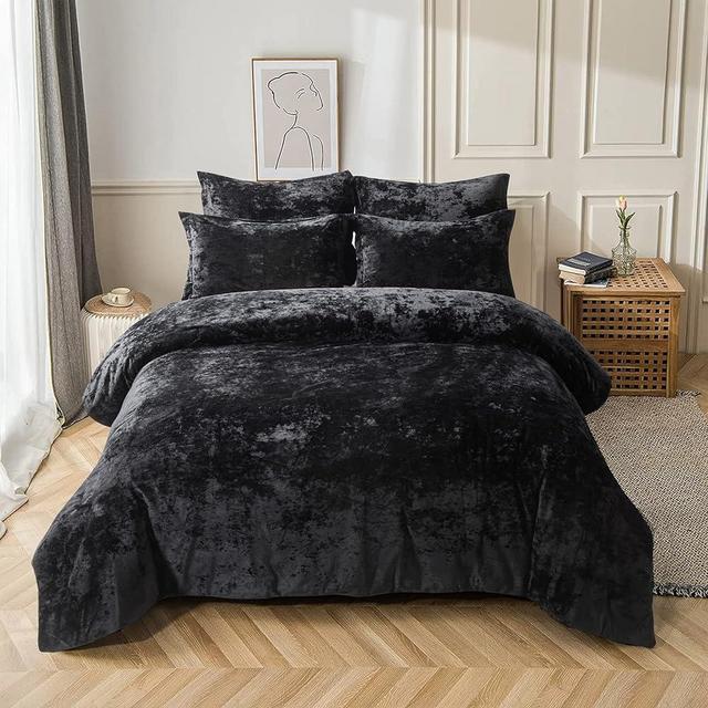 Fredsure Distressed Velvet Comforter Set, 5 Pieces Black Queen, Distressed Velvet Face and Brushed Microfiber Reverse