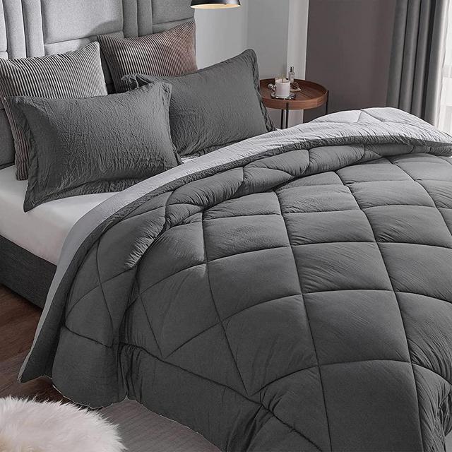 CozyLux King Reversible Comforter Set 3-Piece Premium 1800 Series Lightweight Bed Set - Soft Goose Down Alternative Duvet Insert for All Season (1 Comforter 2 Pillow Shams, Dark Grey/Light Gray)