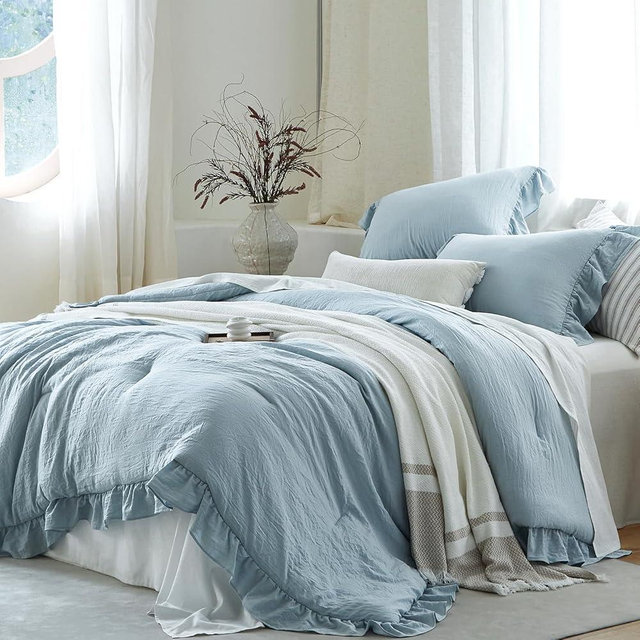 softpage Blue Ruffle Comforter Set King, Pre-Washed Shabby Chic Bedding Set, Lightweight Cottagecore Soft Romantic Cozy 1 Comforter & 2 Shams, All-Season
