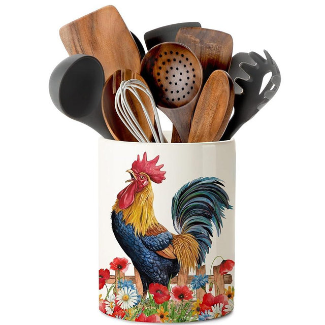 pinata Rooster Kitchen Decor Ceramic Utensil Holder, Cute Rooster Utensils Holder for Farmhouse Indoor Kitchen Decorations Rustic Farmhouse Decor (6.3 inch)