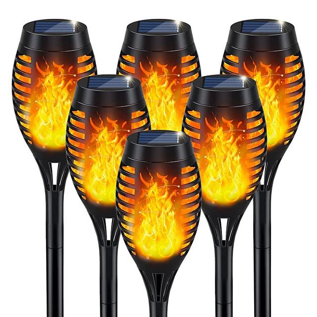 Solar Outdoor Lights, Solar Tiki Torces with Flickering Flame, Halloween Decorations Solar Garden Lights, Waterproof Solar Powered Outdoor Lights, LED Mini Torch Light for Yard Pathway Decor-6Pack