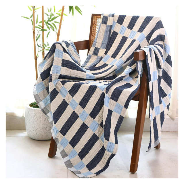 Folkulture Throws 100% Recycled Cotton Double Cloth Color Block - Winter Blue 50 X 60"