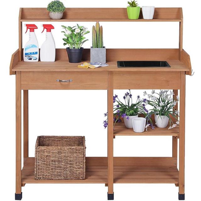 Topeakmart 45.2x17.7x47.6'' (LxWxH) Potting Benches Outdoor Garden Potting Table Work Bench with Removable Sink Drawer Rack Shelves Work Station, Brown