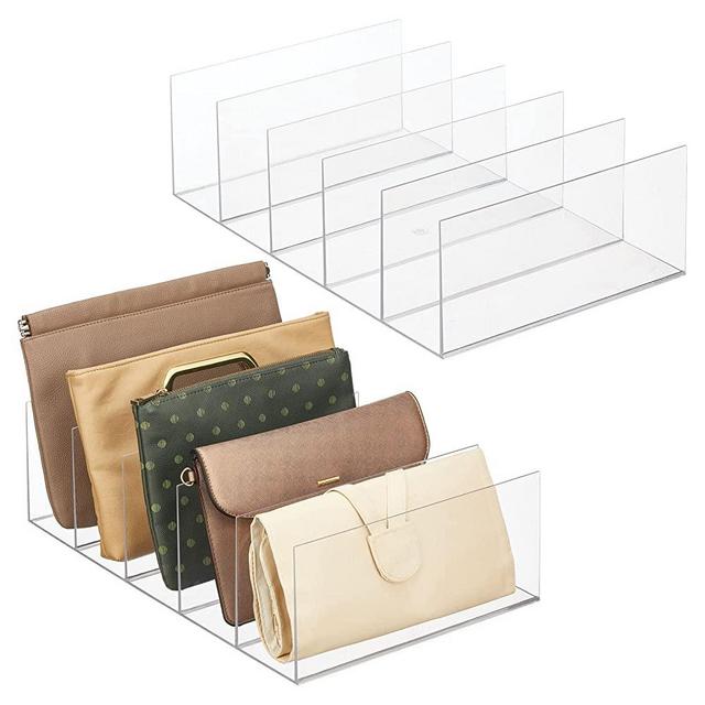mDesign Plastic Divided Purse Organizer for Closets, Bedrooms, Dressers - Closet Shelf Storage Solution for Purses, Clutches, Wallets, Accessories - 5 Compartments - Lumiere Collection - 2 Pack -Clear