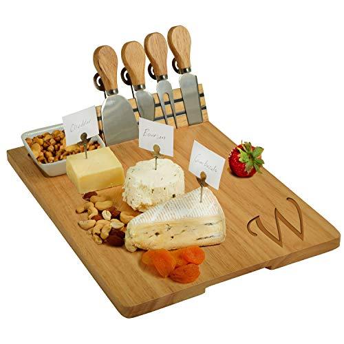 Picnic at Ascot Personalized Monogrammed Engraved Hardwood Cutting Board for Cheese & Charcuterie- includes Knives, Cheese Markers & Ceramic Dish - Designed and quality Checked in the USA