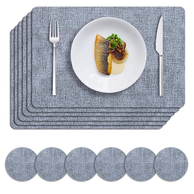 MOSAYT Faux Leather Placemats Set of 6, Heat Resistant Wipeable Washable Vinyl Place Mats with Coasters, Waterproof Oil Proof Table Mats for Kitchen Dining Party Indoor Outdoor, 12" x 18", Sky Blue