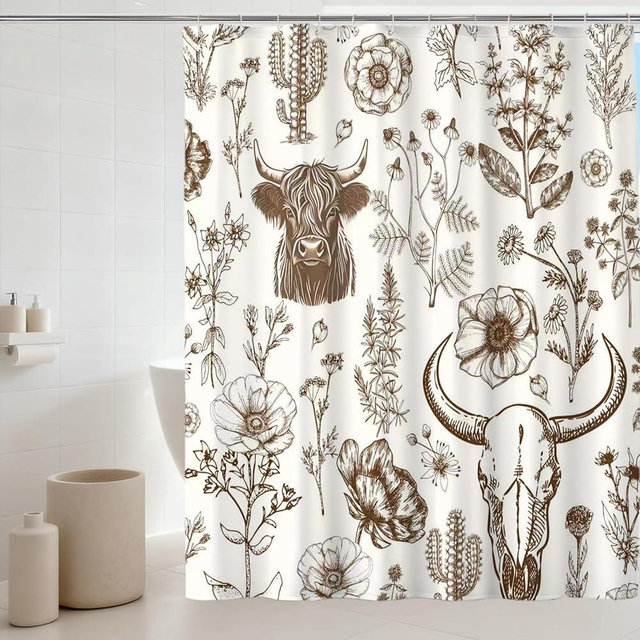 Uilifeque Wild West Bull Skull Shower Curtain Western Cactus Cow with Flowers Shower Curtains Brown Southwestern Bathroom Shower Curtain Set Bohemian Farmhouse Nature Bathroom Home Decor 72X72 inches