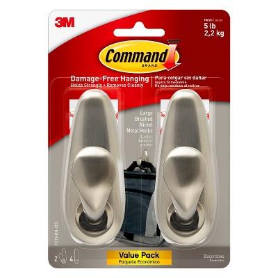 Command 2 hooks, 4 Strips Damage-Free Large Metal Hooks - Brushed Nickel