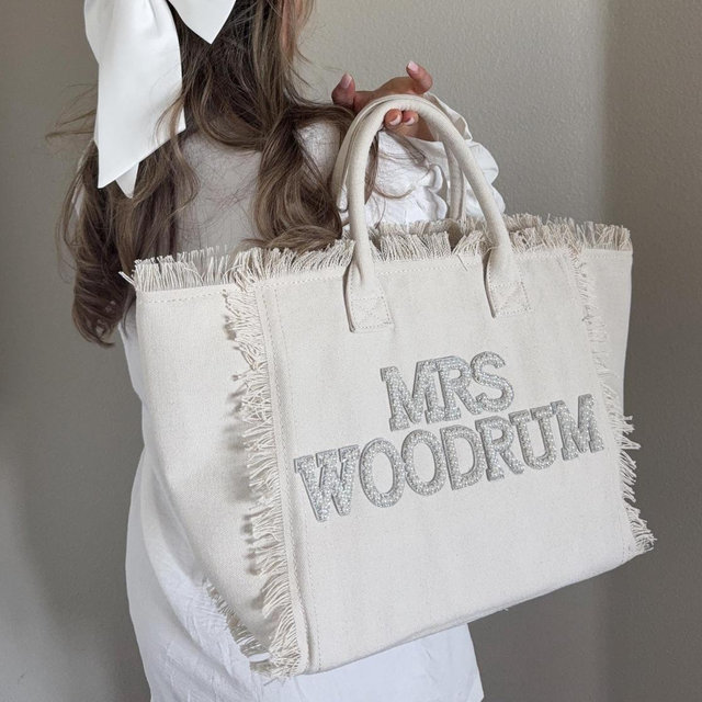 Personalized Bride Canvas Tote | Pearl Lettering, Frayed Edges
