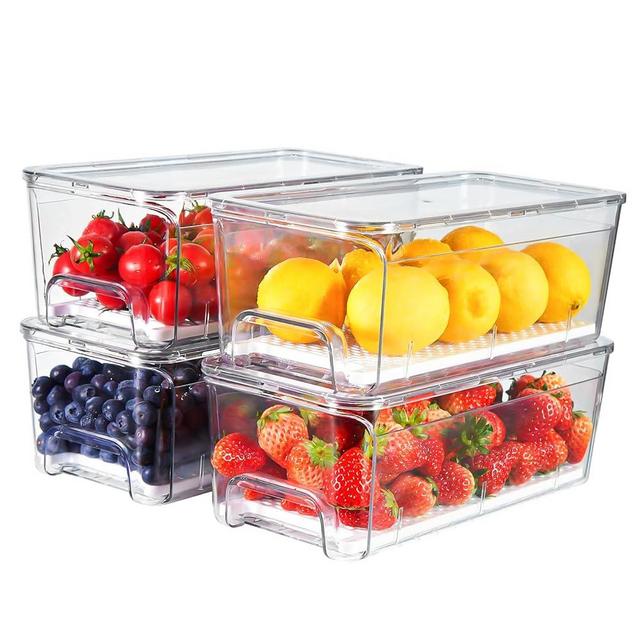 Brippo 4-Pack Refrigerator Drawer Organizer Bins, Clear Stackable Pull Out Fridge Organizers and Storage Container, Fridge Drawers with Strainer Layer for Fruits, Vegetables and Drinks