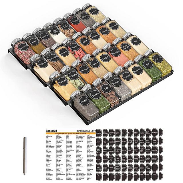 SpaceAid Spice Drawer Organizer with 32 Spice Jars, 386 Spice Labels and Chalk Marker, 4 Tier Seasoning Rack Tray Insert for Kitchen Drawers, 15" Wide x 17.5" Deep