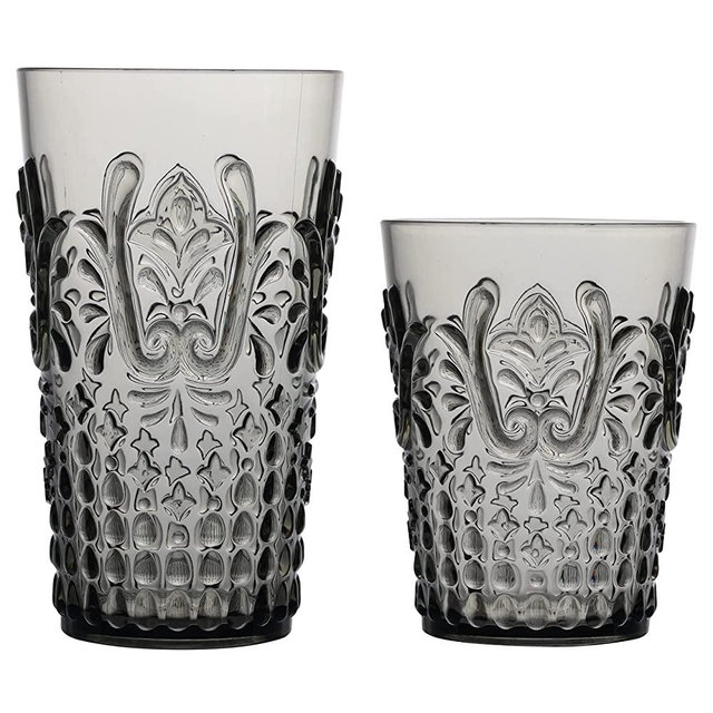 KLIFA- BLOIS- 15.2 & 20.5 ounce, Set of 8, Acrylic Tumbler & Highball Drinking Glasses Cups, BPA-Free, Stackable Plastic Drinkware, Dishwasher Safe, Gray-Black