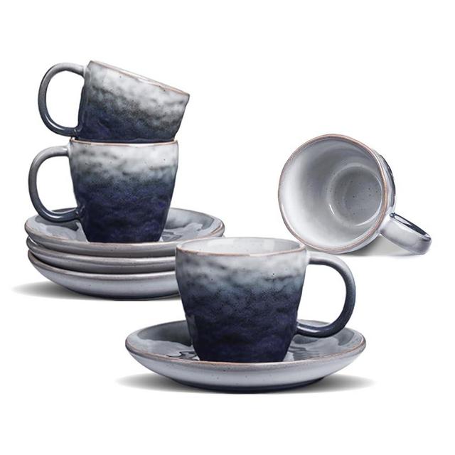 BOILMERIT 3 oz Espresso Cups Set of 4, Mini Italian Double Espresso Coffee Cup, Vintage Small Ceramic Demitasse Cups with Saucer for Lungo Coffee, Blue