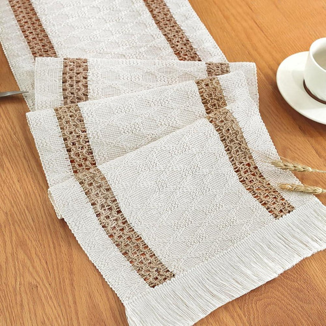 Boho Table Runner 72 Inches Long with Tassels for Table Decor, Cream & Brown Rustic Farmhouse Macrame Table Runners for Dining Kitchen Wedding Holiday Party, Linen Lines, 12x72 Inches
