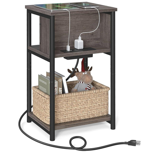 VASAGLE Side Table with Charging Station, 3-Tier End Table with USB Ports and Outlets, Nightstand for Living Room, Bedroom, 11.8 x 13.4 x 22.8 Inches, Plug-in Series, Chestnut Brown and Black