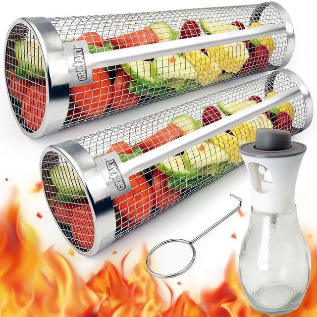 [Upgraded] Grill Basket 2 Pcs (Size XL), Dishwasher Safe Rolling Grilling Baskets for Outdoor Grilling, Stainless Steel BBQ Grill Basket for Veggies, Grill Nets Cylinder, Gifts for Men/Dad