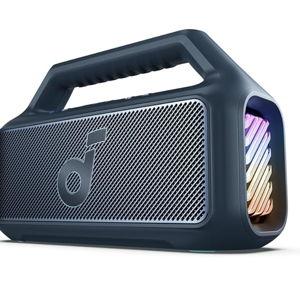 Blue Soundcore Boom 2 by Anker, Outdoor Speaker, 80W, Subwoofer, BassUp 2.0, 24H Playtime, IPX7 Waterproof, Floatable, RGB Lights, USB-C, Custom EQ, Bluetooth 5.3, Portable for Camping and Beach - Blue