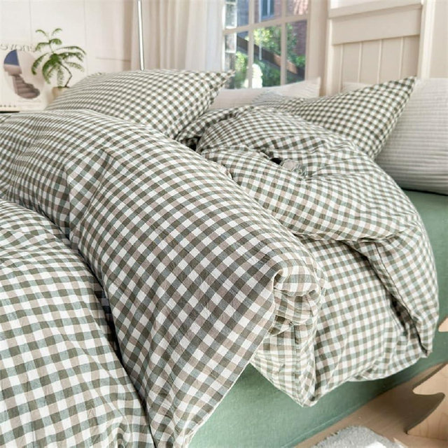 LifeTB Green Grid Gingham Duvet Cover Queen 3 Pieces Green Plaid Duvet Cover with 2 Pillowcases 100% Washed Cotton Grid Checkered Comforter Cover Breathable Green Plaid Bedding Set Queen