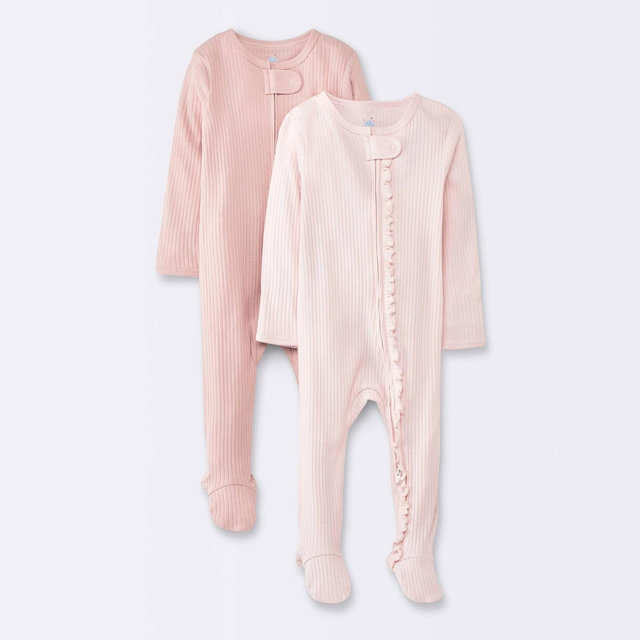 Baby Girls' 2pk Solid Wide Ribbed Sleep N' Play - Cloud Island™ Pink 3-6M: Footed Pajamas, Two-Way Zipper
