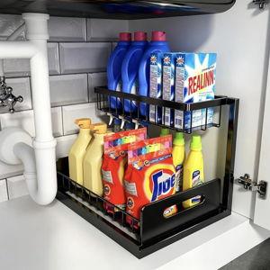 REALINN Under Sink Organizer, Pull Out Cabinet Organizer, 2 Tier Metal Slide Out Shelf with L Shaped Design for Kitchen, Bathroom, Laundry, and Utility Cabinet Storage for Deep Cabinets, Black, 1 Pack
