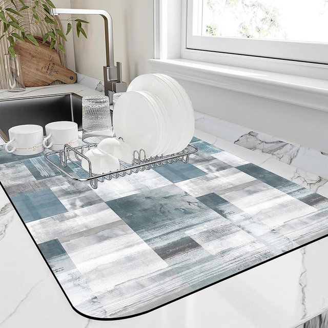 FTJHKUY Dish Drying Mat Blue Grey Abstract Art Dish Drying Pad,16"X24" Bsorbent Coffee Mat for Sink Dishes or Under Rack Kitchen Counter Accessories Absorbent Hide Stain Rubber Backed Drying Mat