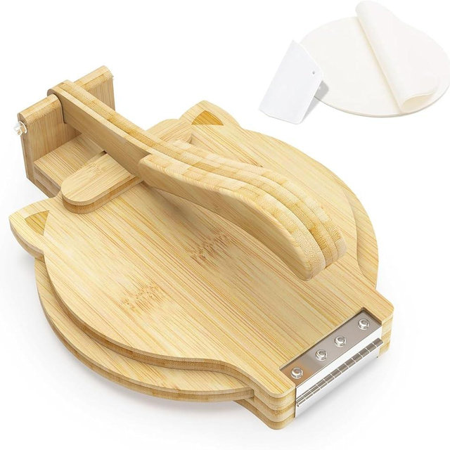Bamboo Tortilla Press 10 inch Wooden Corn Tortilla Maker Quesadilla Maker Rotatable Roti Maker with Parchment Paper & Dough Cutter for Flour Mexican Taco Pataconera Dough Press (4.5"-10")