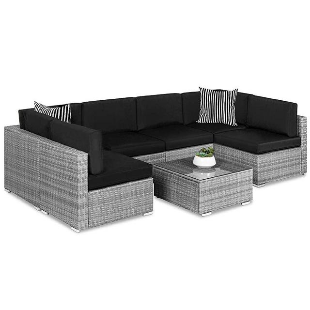 Best Choice Products 7-Piece Modular Outdoor Sectional Wicker Patio Furniture Conversation Set w/ 6 Chairs, 2 Pillows, Seat Clips, Coffee Table, Cover Included - Gray/Black