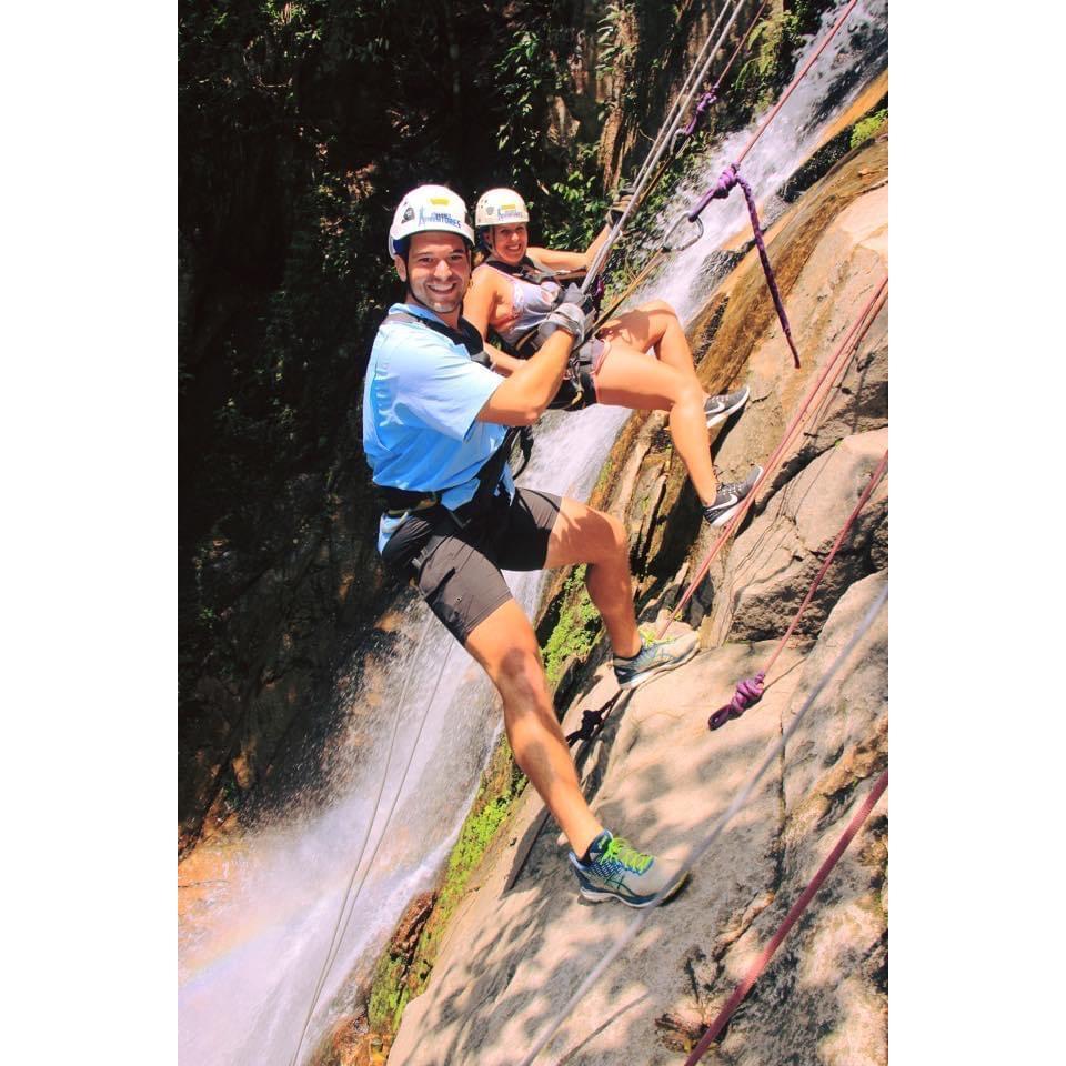 We even repelled down a waterfall... he doesn't look scared at all!