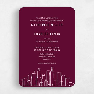 Red Rounded Wedding Invitation - Chicago Skyline