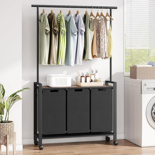 GarveeHome Laundry Sorter, Laundry Hamper 2-Section With Hanging Rack, Rolling Laundry Hamper With Removable Laundry Basket,Laundry Basket Organizer for Laundry Room, Rustic Brown