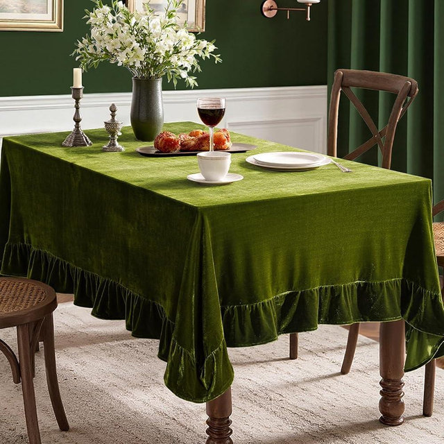 MIULEE Velvet Table Cloth with Decorative Ruffle Edge Luxurious Soft Spring Washable Rectangular Tablecloth Thick Wrinkle-Resistant Oblong Table Cover for Kitchen Dining 60x102 Inch Olive Green