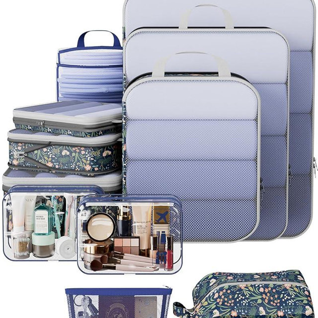 Veken 11 Set Compression Packing Cubes for Travel Essentials,Compressible Expandable Large Luggage Suitcase Organizer Bags for Clothing,Durable Space Saver Storage Bags(Dark Blue Floral)