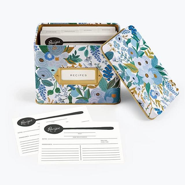 Rifle Paper Co. Garden Party Blue Recipe Tin, Gold Metallic Interior, Gold-Framed Label On Front, Includes 24 recipe Cards and 12 Recipe Dividers, Bring Charm and Cheer Into Your Kitchen