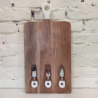 Wood & White 4-Piece Board & Inlaid Knife Set