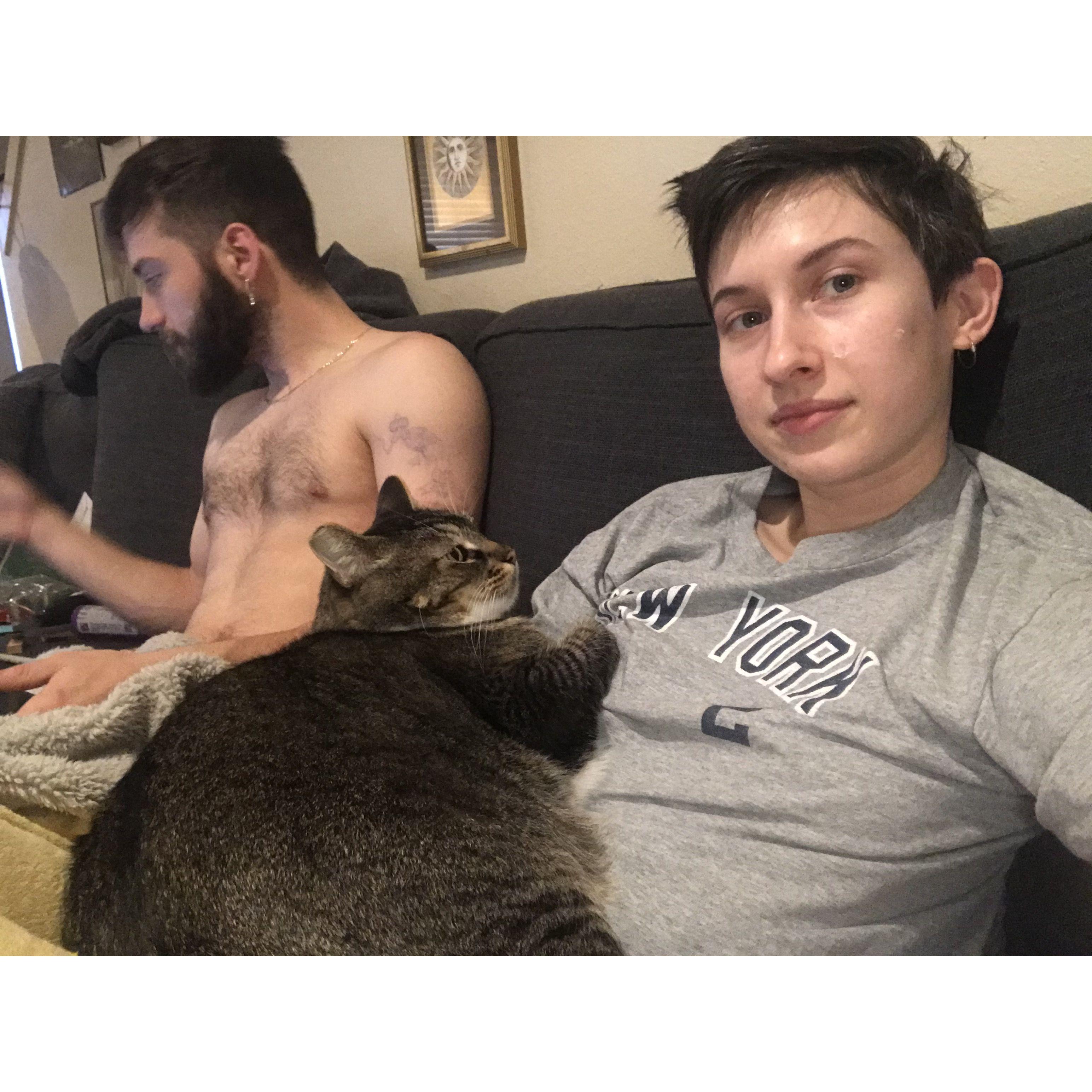 Cuddling with our cat Moto. Portland, OR. 2019