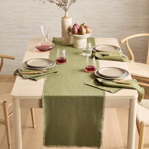 European Linen Fringe Table Runner in Olive