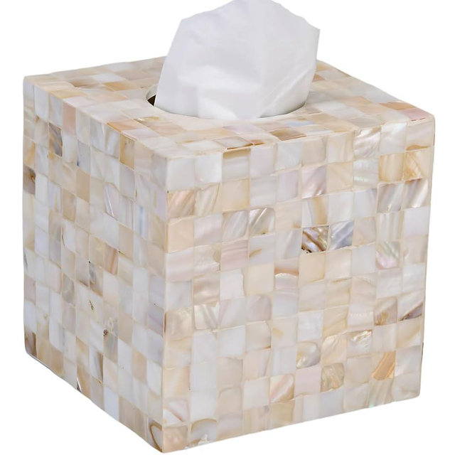 Mother of Pearl Tissue Box Cover 5.9” – Handcrafted Square Tissue Holder with Sliding Bottom – Decorative Napkin Dispenser for Bathroom, Bedroom, Kitchen, Office