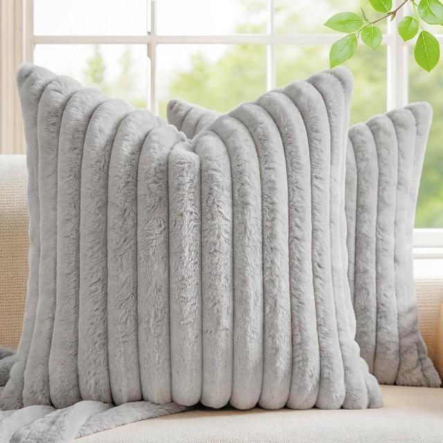 MEGAYES Set of 2 Decorative Throw Pillow Covers 18x18 Faux Fur, Soft Plush Striped Square Couch Cushion Cases with Velvet Back for Sofa Bed Living Room Modern Farmhouse Boho Euro, Neutral Gray