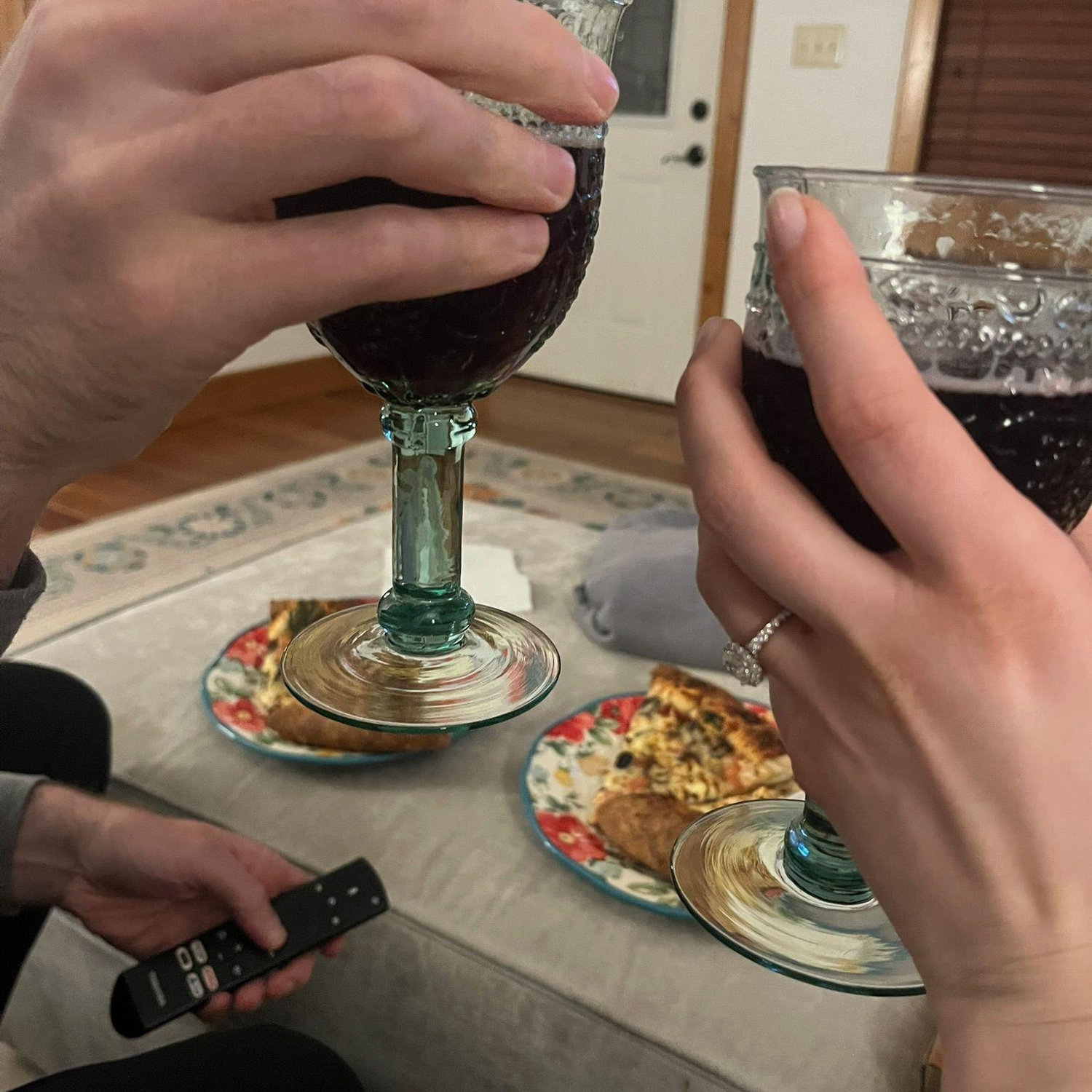 Celebrating with sparkling grape juice and pizza the night we got engaged!